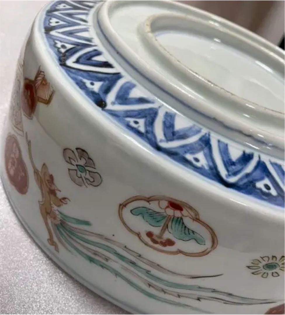 大きな器【m183 麒麟鳳凰窓絵二重高台吉祥染付色絵平鉢骨董】