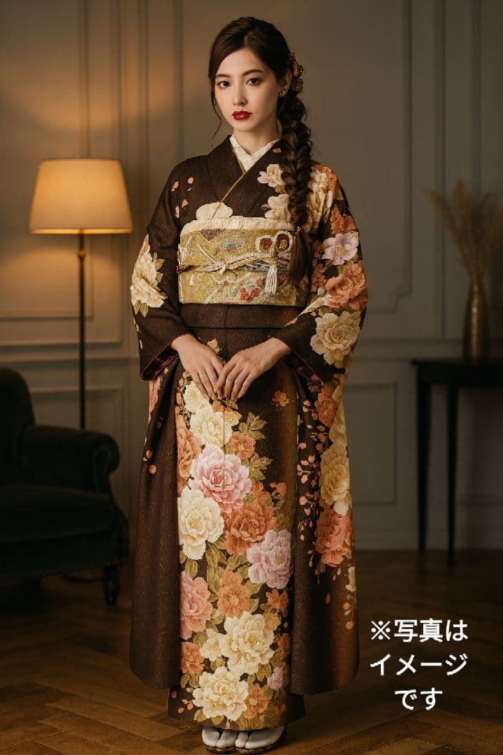 【ご購入者様お手続き中】本振袖　ラメ　薔薇　ブラウン系　美品 振袖 くすみカラーの薔薇 - からん::アンティーク着物・リサイクル着物