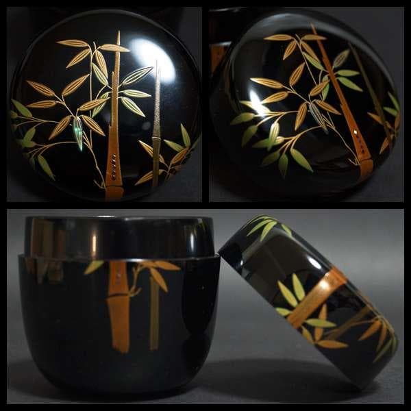 輪島塗 蒔絵師 茶平一斎 作 利休棗 金蒔絵青貝螺鈿象嵌『竹』木製