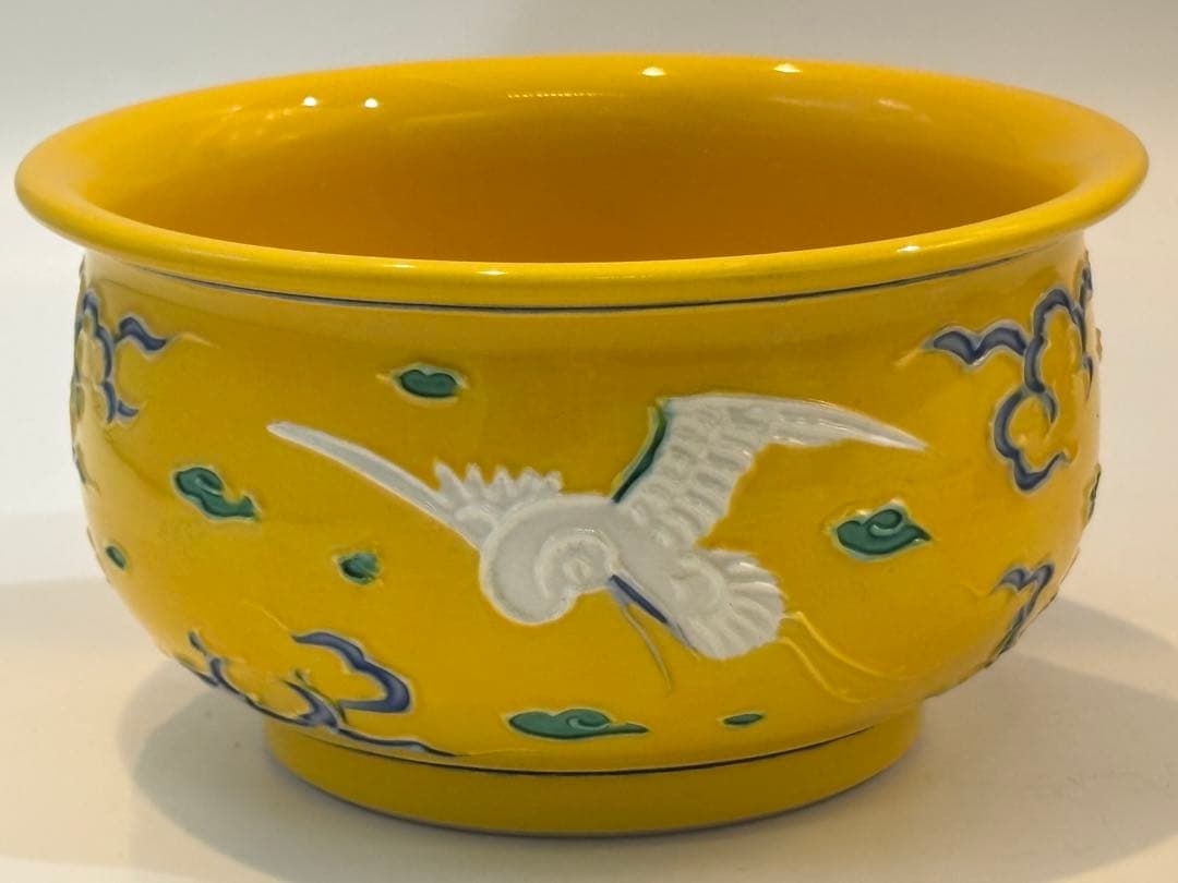 茶道具 皆具 叶松谷 黄交趾雲鶴 水指 建水 蓋置 尺