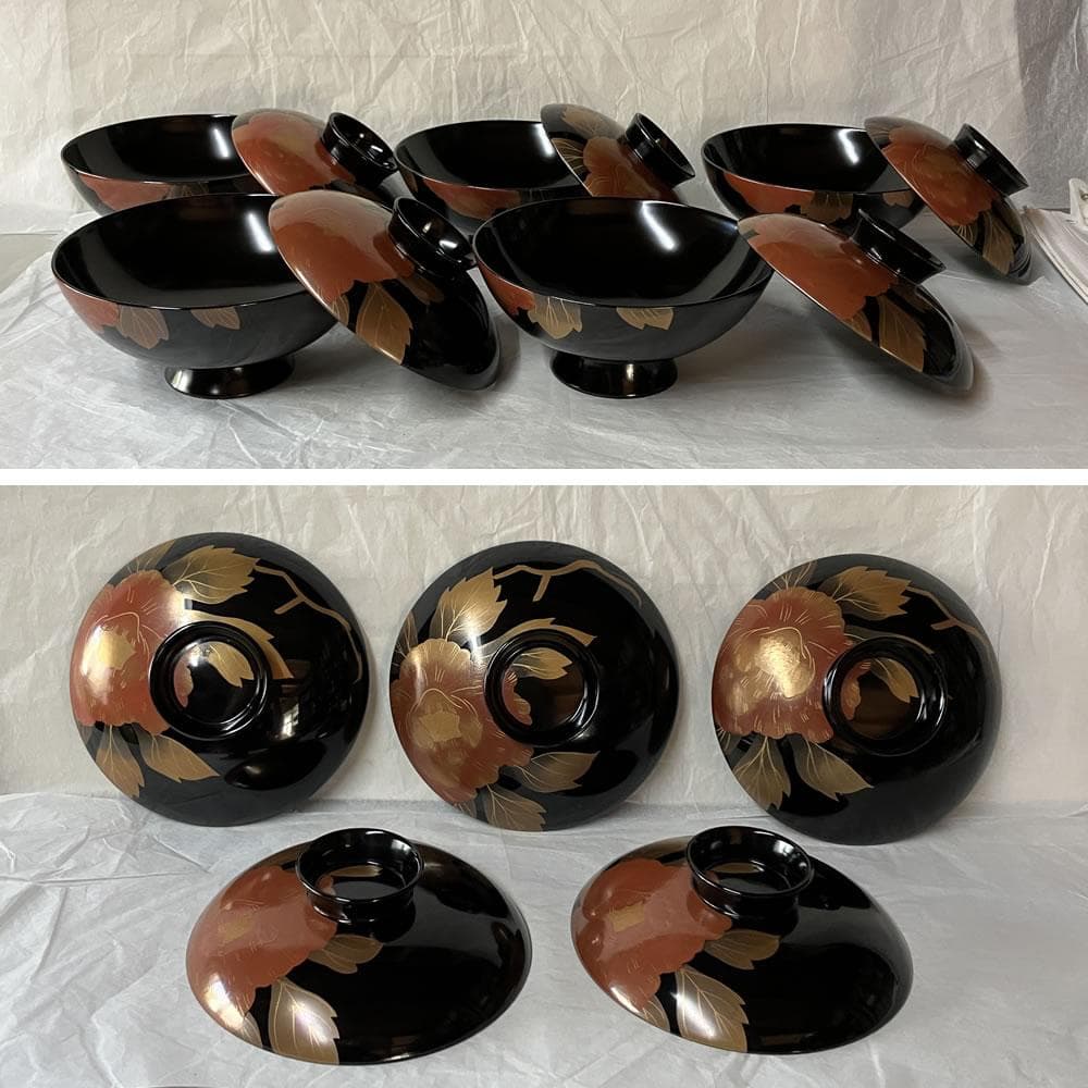 F1404 輪島塗 蒔絵 吸物椀 五客 共箱 木製 漆器 懐石道具